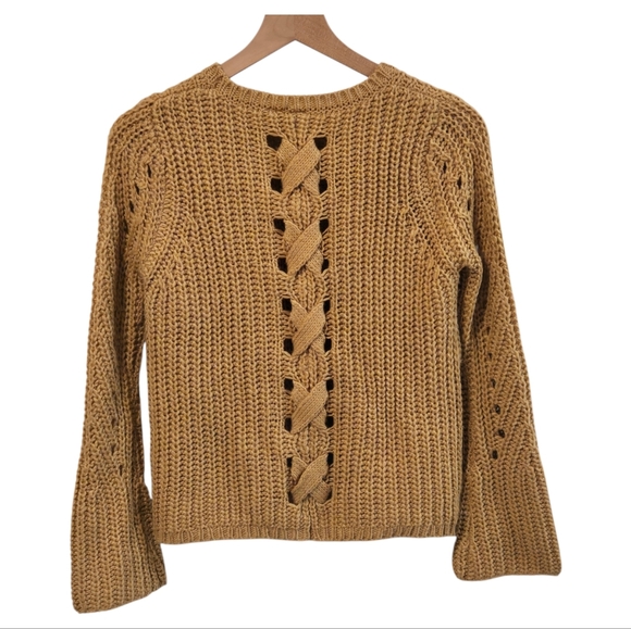 Moth Anthro Camel Cable Knit Crew Neck Bell Sleeve Lace-Up Back Sweater XS - Picture 2 of 7